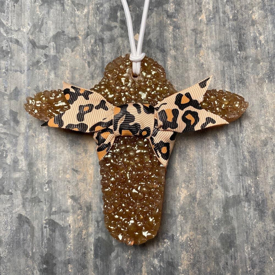 Cow Head Car Freshie | Brown With Cheetah Print Ribbon | Volcano Scent - Rear View Jewels