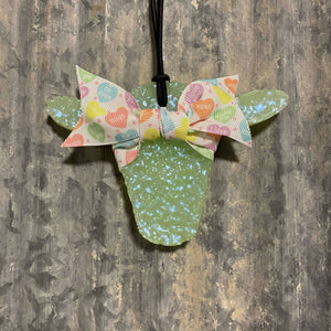 Cow Head Car Freshie | Pearl Green With Heart Ribbon | Sea Salt Orchid Scent