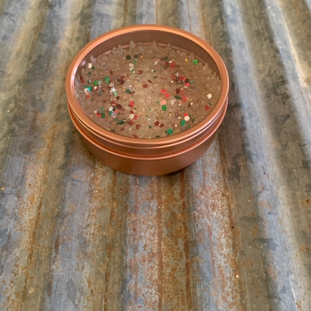 Car Candle Air Freshener | Rose Gold Tin & White Beads With Red & Green Glitter | Twisted Peppermint Scent